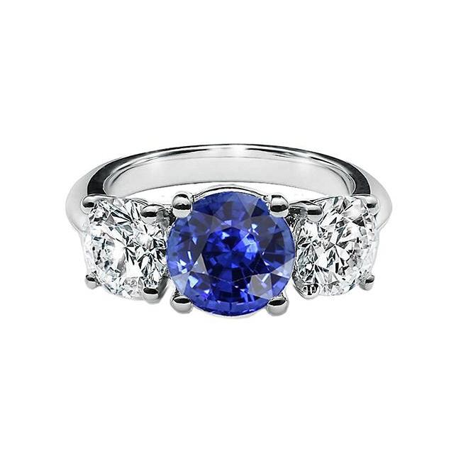 Bague Trois Pierres Saphir Bleu Rond & Diamant 2.50 Carats Or 14K - HarryChadEnt.FR