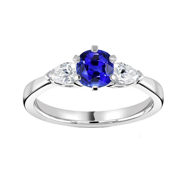 Bague Trois Pierres Saphir Bleu Rond & Diamants Poire 1.25 Carats - HarryChadEnt.FR