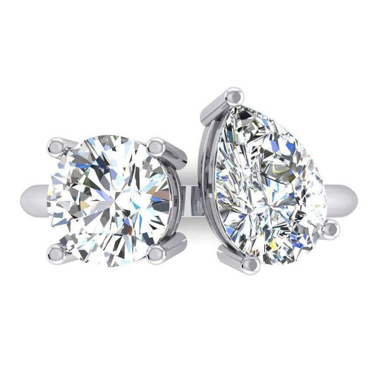 Bague Toi et Moi Deux Pierres Rondes & Diamant Poire 4 Carats Or Blanc 14K - HarryChadEnt.FR
