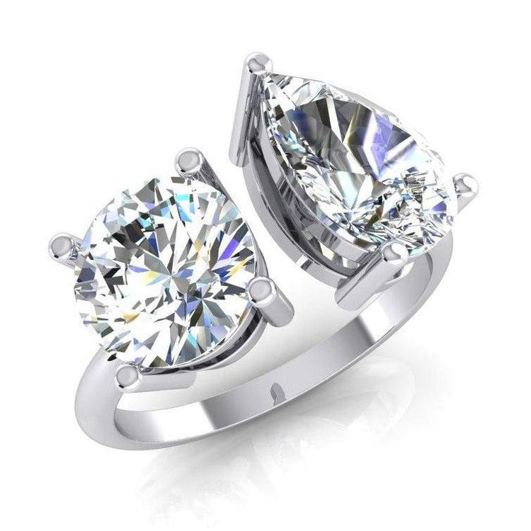 Bague Toi et Moi Deux Pierres Rondes & Diamant Poire 4 Carats Or Blanc 14K - HarryChadEnt.FR