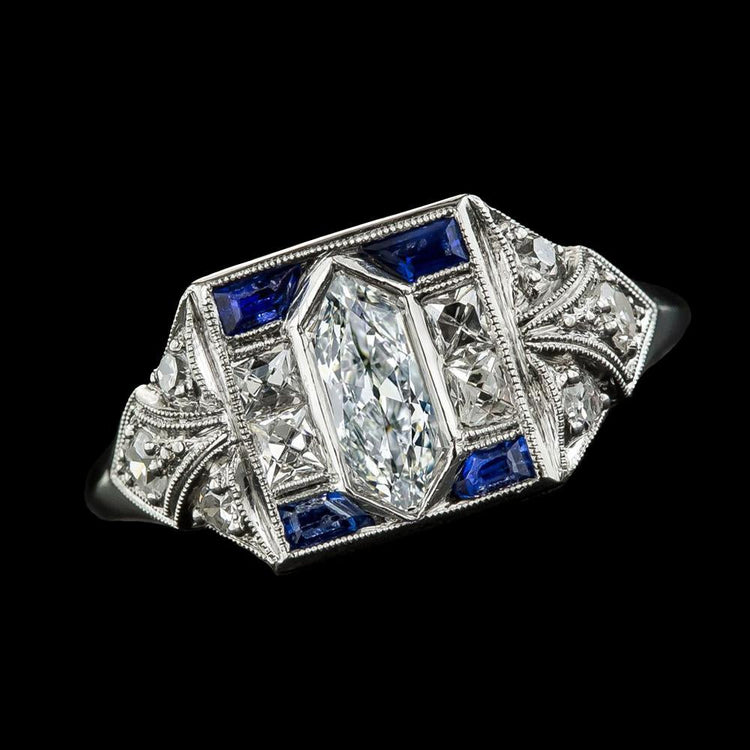 bague ancienne mineure taille spéciale diamant princesse saphir bleu 3.75 carats