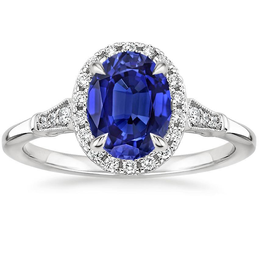 Bague d'anniversaire avec saphir de Ceylan ovale Halo avec accents de 4.50 carats - HarryChadEnt.FR