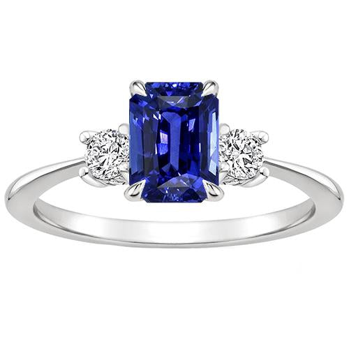 Bague de Fiançailles 3 Pierres Saphir Bleu Radiant & Diamant 3.50 Carats - HarryChadEnt.FR