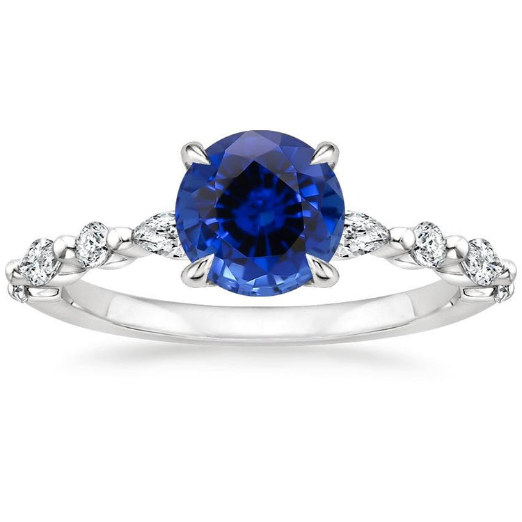 Bague de Fiançailles 4 Carats Ronde Saphir Ceylan & Diamant Marquise Or - HarryChadEnt.FR