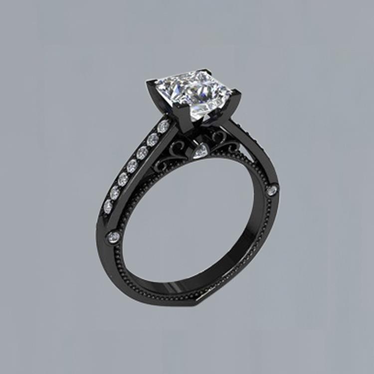 Bague de Fiançailles Princesse & Diamants Ronds 1.51 Carats Or Noir 14K - HarryChadEnt.FR