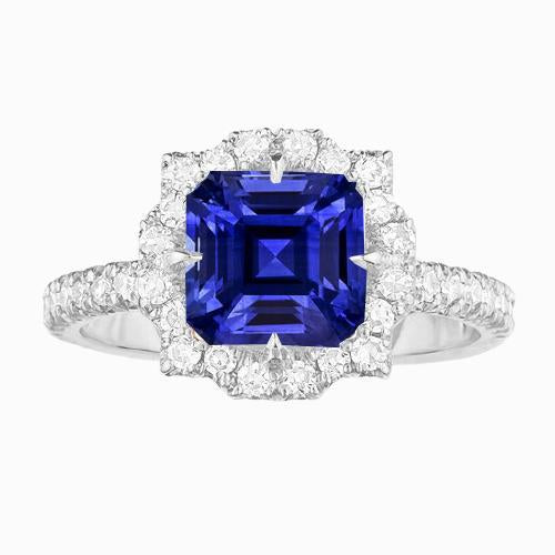 Bague de fiançailles Halo Saphir Style Fleur Taille Asscher 3.50 Carats - HarryChadEnt.FR