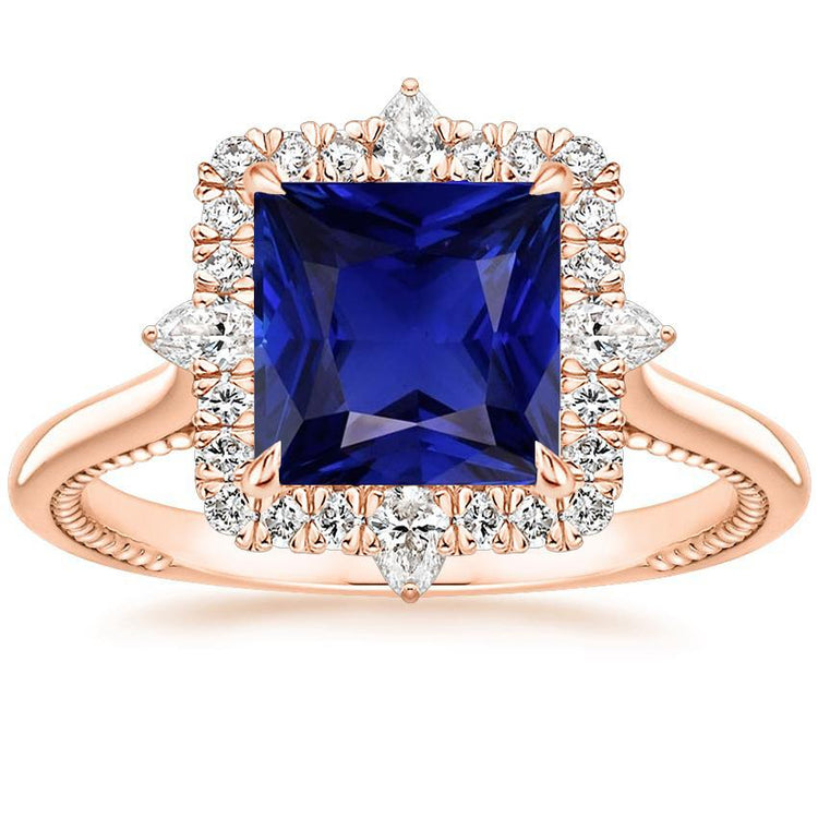 Bague de fiançailles Halo Style Vintage Saphir Bleu 6.25 Carats Or Rose - HarryChadEnt.FR