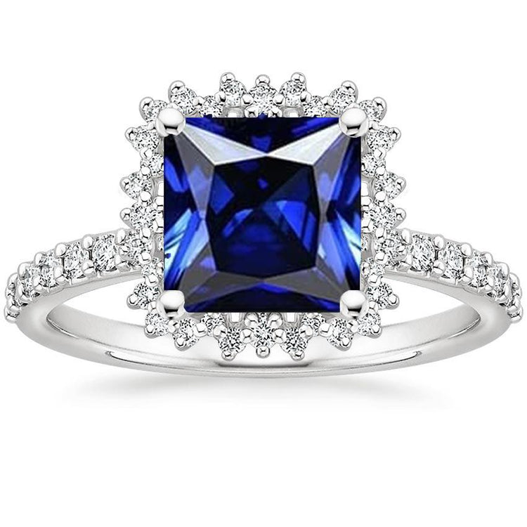Bague de fiançailles diamant Halo Ceylan Saphir Sunburst Style 6.25 Carat - HarryChadEnt.FR