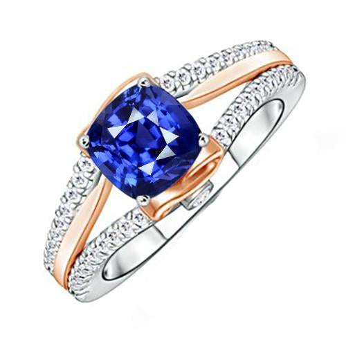 Bague de fiançailles diamant bicolore avec coussin saphir bleu 2.50 carats - HarryChadEnt.FR