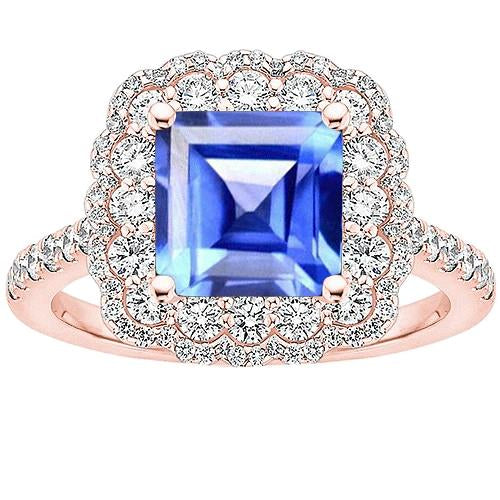 Bague de fiançailles diamant double halo 5 carats Saphir de Ceylan Asscher - HarryChadEnt.FR