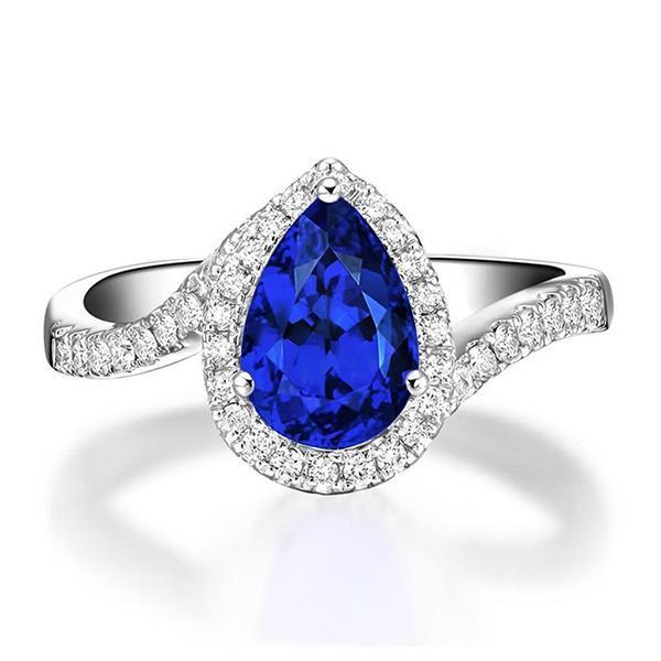 Bague de fiançailles diamant taille poire et saphir de Ceylan de 3.70 ct - HarryChadEnt.FR