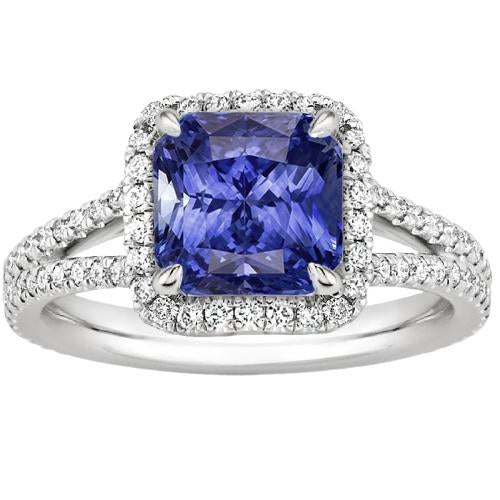 Bague de fiançailles halo diamant Srilankan saphir tige fendue 4 carats - HarryChadEnt.FR