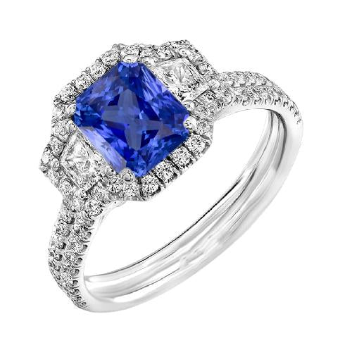 Bague de fiançailles ronde et trapèze diamant halo saphir 4 carats - HarryChadEnt.FR