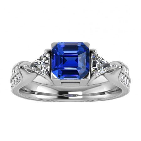 Bague de fiançailles saphir Asscher trillion et diamant rond 2.50 carats - HarryChadEnt.FR