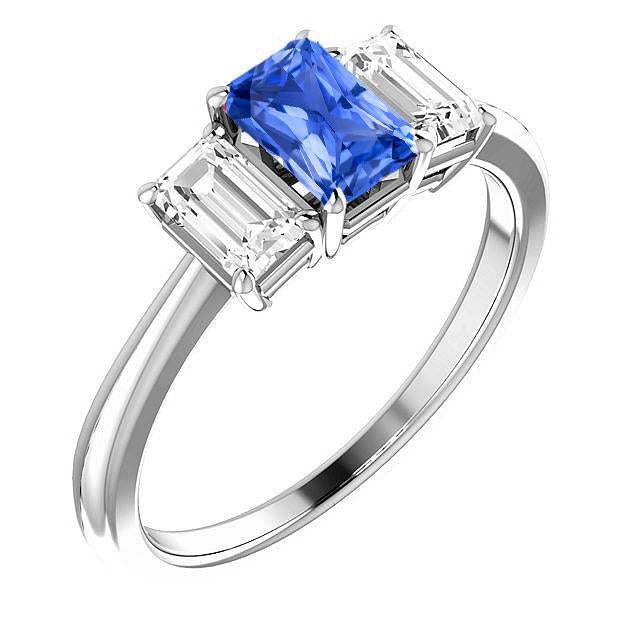 Bague de fiançailles saphir bleu 3 pierres 2 carats diamants taille émeraude - HarryChadEnt.FR