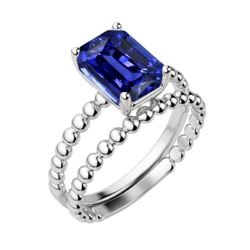 Bague de fiançailles saphir radiant solitaire 2 carats sertie de style perlé - HarryChadEnt.FR