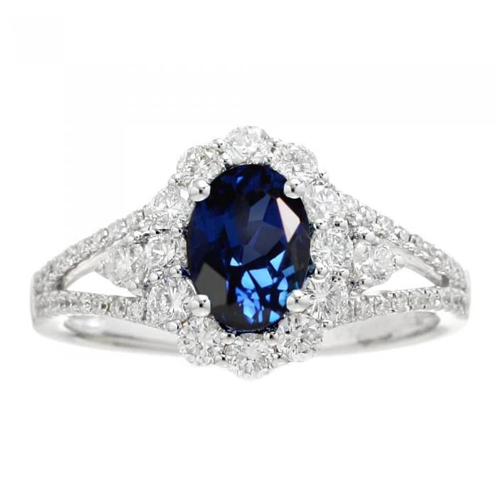 Bague de mariage ovale 2 ct avec saphir de Ceylan et diamants en or blanc 14K - HarryChadEnt.FR