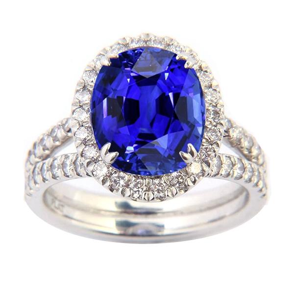 Bague de mariage ovale saphir halo sertie pavage tige fendue or 5 carats - HarryChadEnt.FR