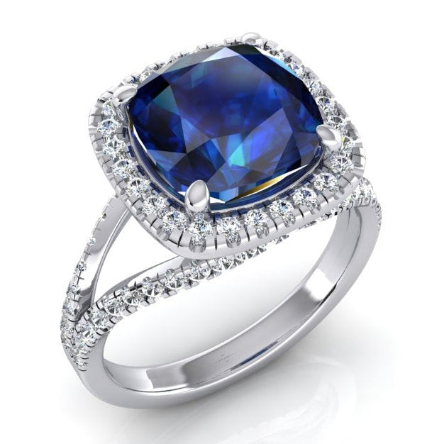 Bague de pierres précieuses Halo de tanzanite coussin 6,50 carats tige fendue