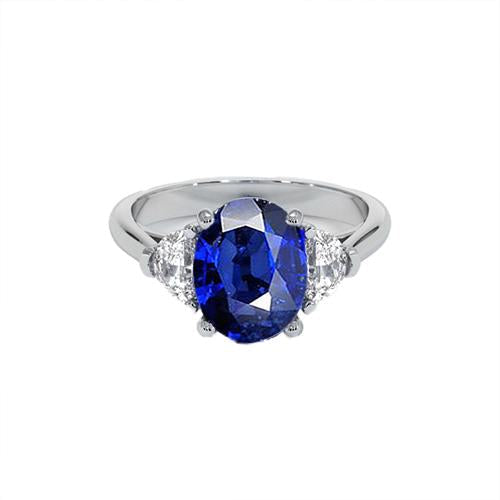 Bague diamant 3 pierres avec saphir bleu profond ovale en or 8.25 carats 14K - HarryChadEnt.FR