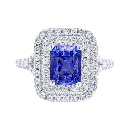 Bague diamant double halo radiant saphir 4 carats tige fendue - HarryChadEnt.FR