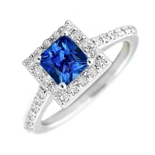 Bague diamant princesse saphir du Sri Lanka en or blanc 2.25 carats 14K - HarryChadEnt.FR