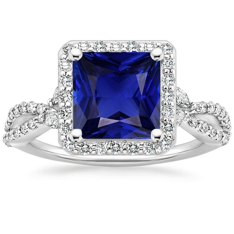 Bague diamant saphir halo taille princesse tige torsadée en or 6.25 carats - HarryChadEnt.FR
