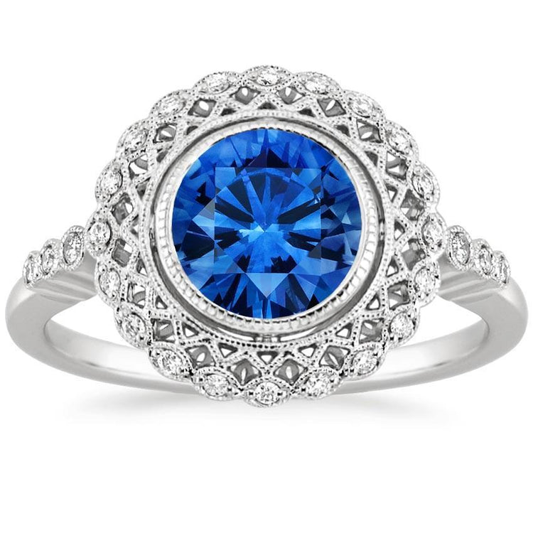 Bague en diamant avec saphir de Ceylan et serti clos en or blanc de 3.80 carats 14K - HarryChadEnt.FR