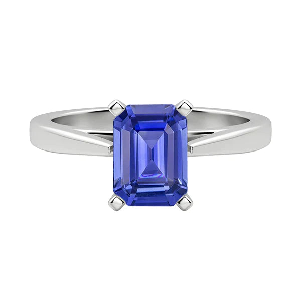 Bague en forme d'émeraude solitaire avec saphir de Ceylan serti cathédrale