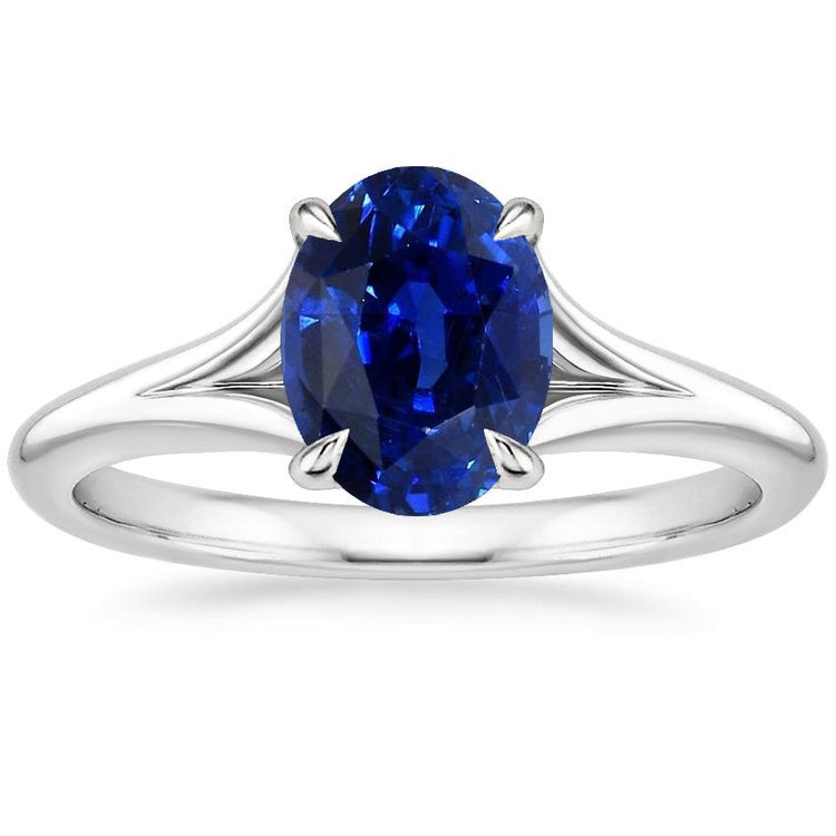 Bague en or avec saphir bleu solitaire sertie de griffes tige fendue ovale 3 carats - HarryChadEnt.FR