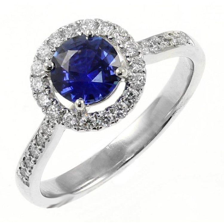 Bague en or blanc 14 carats avec saphir du Sri Lanka taille ronde et diamants 2.5 carats - HarryChadEnt.FR