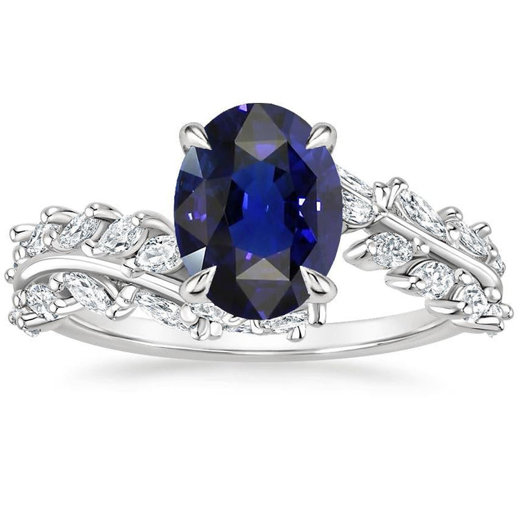 Bague en or pour femme Saphir de Ceylan ovale avec diamants marquise 4 carats - HarryChadEnt.FR