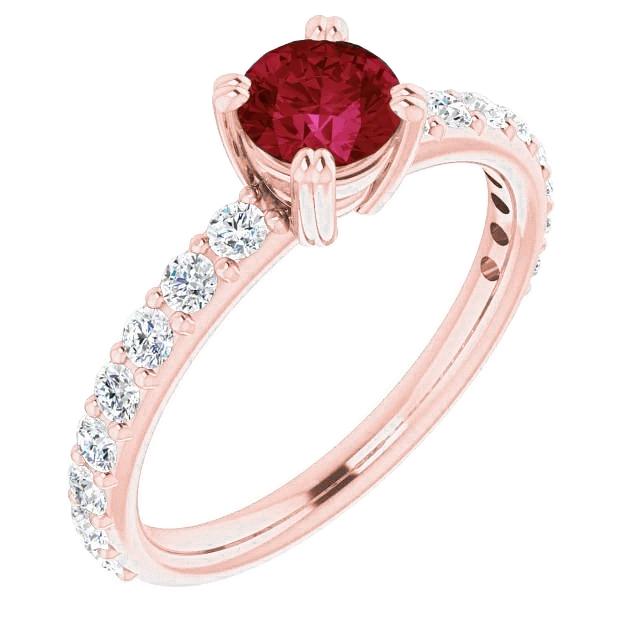 Bague en or rose 14 carats 2.50 carats à quatre griffes avec diamants ronds et rubis - HarryChadEnt.FR