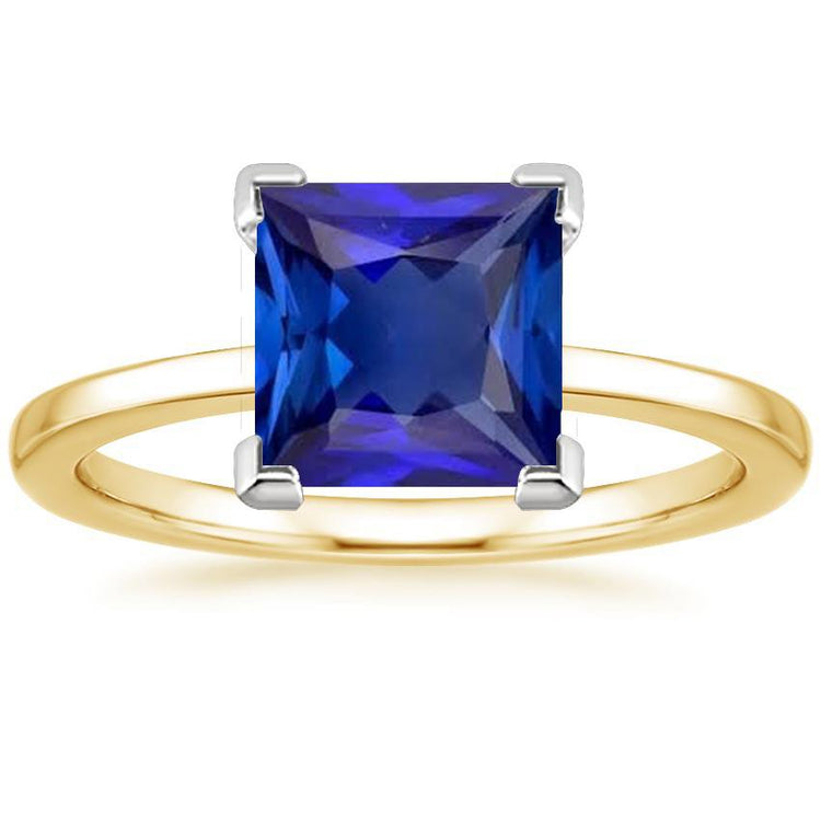 Bague en pierres précieuses solitaire bicolore taille princesse saphir de Ceylan 5 carats - HarryChadEnt.FR