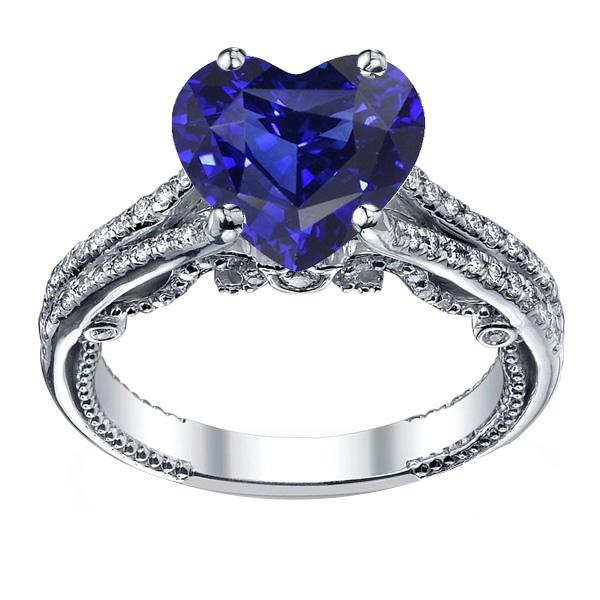 Bague en pierres précieuses taille coeur saphir du Sri Lanka 4.50 carats tige filigrane - HarryChadEnt.FR