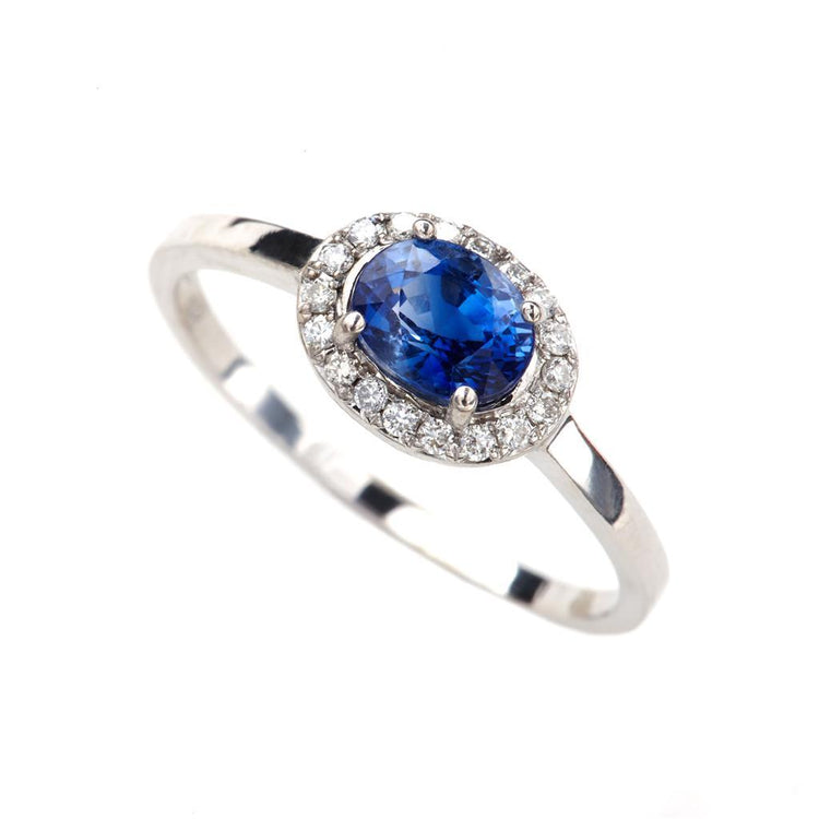 Bague en saphir de Ceylan ovale de 2.40 ct et diamants en or blanc 14K - HarryChadEnt.FR