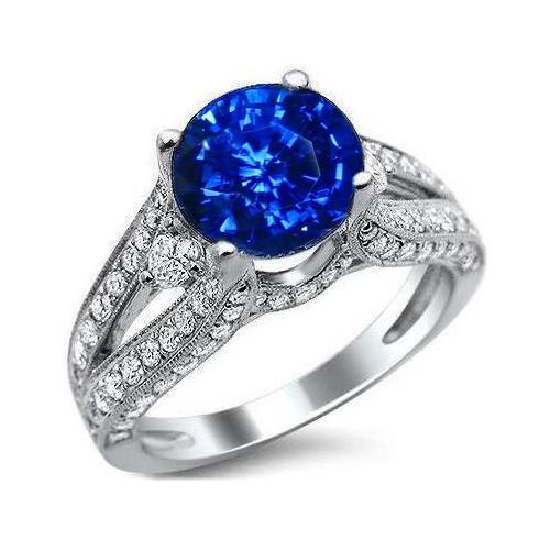 Bague en saphir de Ceylan rond 3 ct et diamants en or blanc massif 14K - HarryChadEnt.FR