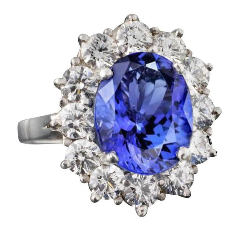 Bague étincelante tanzanite ovale AAA 6 carats et diamants ronds - HarryChadEnt.FR