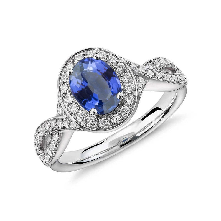 Bague ovale en saphir de Ceylan et diamant rond 1.55 carat or blanc 14K - HarryChadEnt.FR