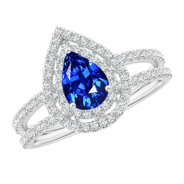 Bague poire et saphir de Ceylan de 4.90 ct et diamants taille ronde - HarryChadEnt.FR