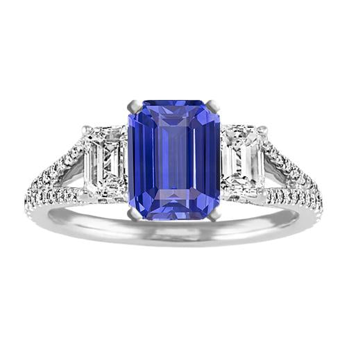 Bague saphir 3 pierres émeraude avec tige fendue 3.50 carats - HarryChadEnt.FR