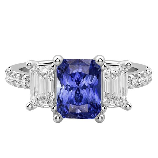 Bague saphir bleu diamant émeraude style 3 pierres taille radiante 4 carats - HarryChadEnt.FR