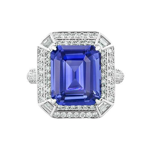 Bague saphir bleu diamant en forme d'émeraude 4.50 carats serti d'accents - HarryChadEnt.FR