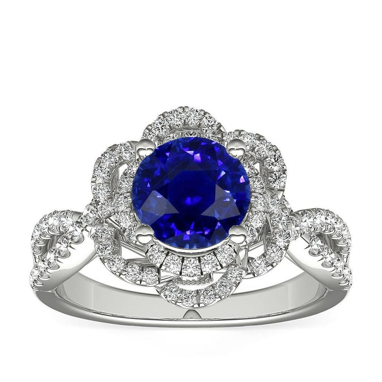 Bague saphir bleu rond double halo style fleur 5 carats tige fendue - HarryChadEnt.FR
