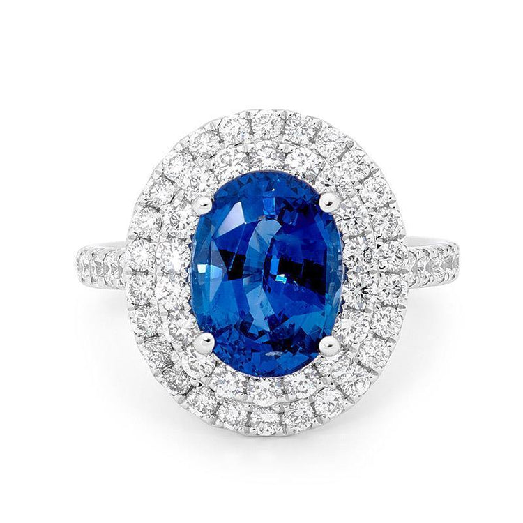 Bague saphir de Ceylan ovale de 3.40 ct avec diamants ronds en or blanc - HarryChadEnt.FR