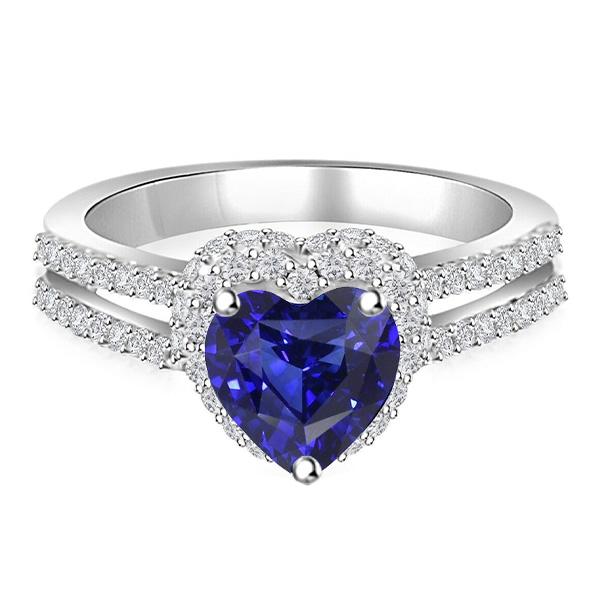 Bague saphir taille cœur avec halo de diamants double tige 3.50 carats - HarryChadEnt.FR