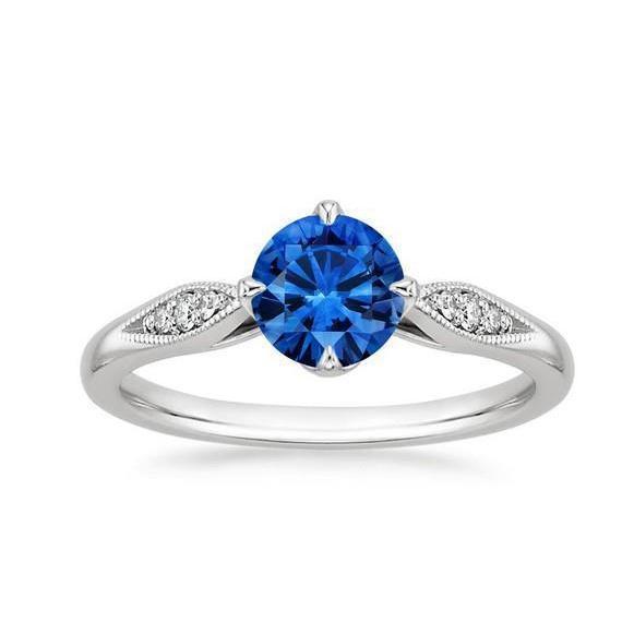 Bague sertie de griffes 2.40 carats avec saphir de Ceylan et diamants taille ronde WG 14K - HarryChadEnt.FR