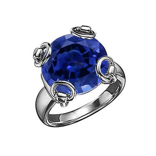 Bague solitaire en saphir de Ceylan taille ronde 7.01 ct. Or Blanc 14K - HarryChadEnt.FR