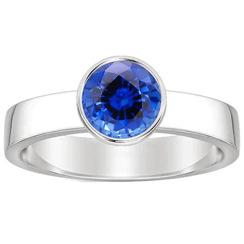 Bague solitaire homme sertie lunette ronde saphir bleu 2 carats tige épaisse