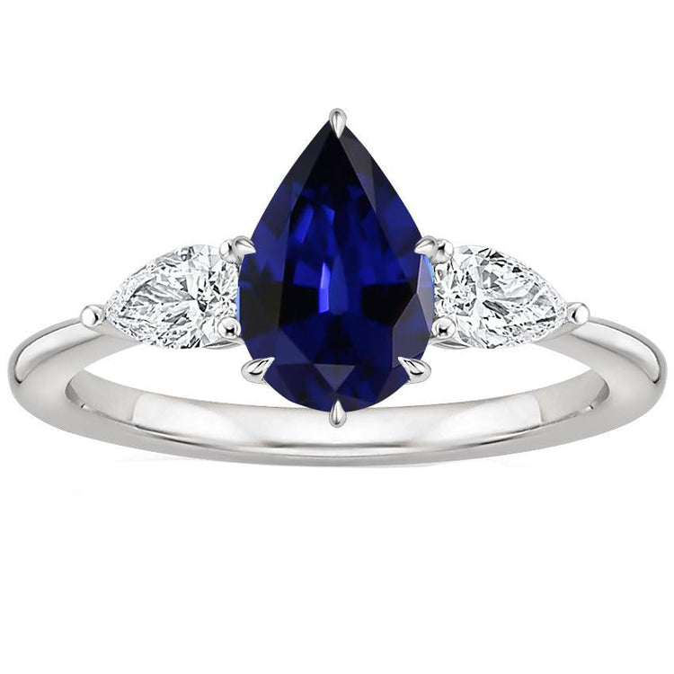 Bague trois pierres en or saphir de Ceylan taille poire et diamants 6.75 carats - HarryChadEnt.FR